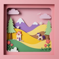 Charming paper craft landscape with unicorn house birds flowers and mountains