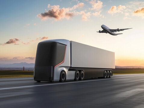 Fototapeta Autonomous electric truck driving on highway at sunset with airplane taking off