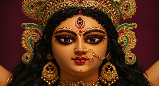 Detail shot of a Hindu goddess Durga&rsquo;s face with vibrant paint and gold accents.