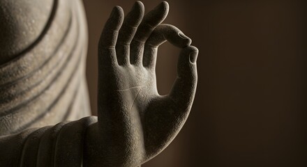 Macro image of a Zen Buddha statue’s hand in meditation mudra pose.