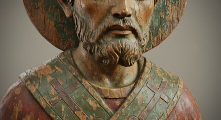 Detail of a wooden Orthodox Christian saint statue with aged paint texture.