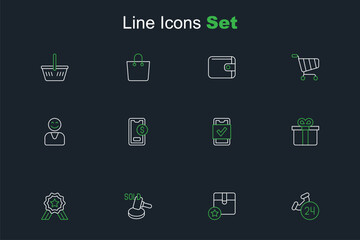 Set line Telephone 24 hours support, Carton cardboard box, Auction hammer, Stars rating, Gift, Mobile shopping, with dollar and Happy customer icon. Vector