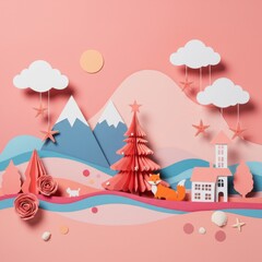 Charming papercraft winter scene with fox and house in pastel colors