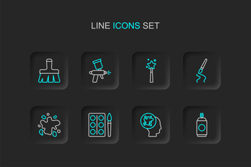 Fototapeta premium Set line Paint spray can, Watercolor paints box, brush, Magic wand, gun and icon. Vector