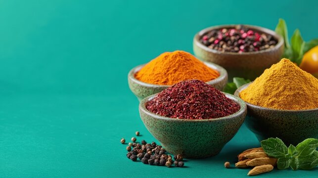 A vibrant display of colorful spices in bowls, showcasing the rich diversity of flavors and aromas in cooking.