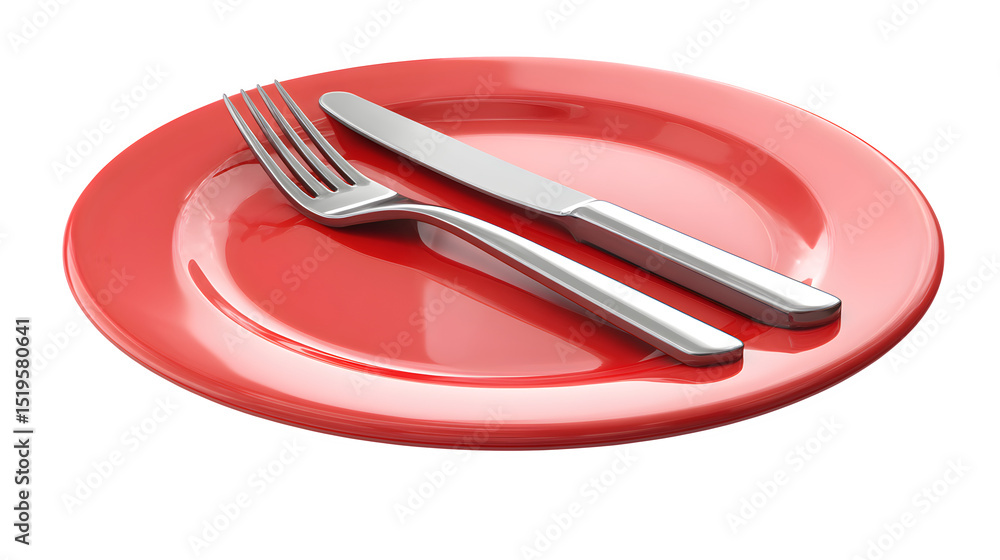 Poster plate with knife and fork dining 3d plastic rendering, high resolution digital graphic illustration 
