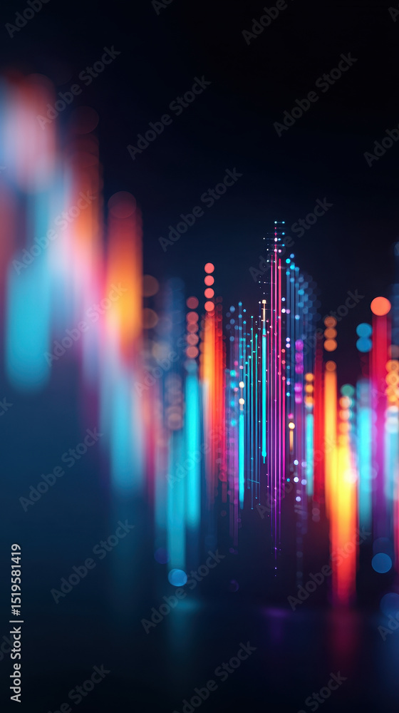 Aufkleber stock market data visualization with colorful glowing vertical lines and dots on dark background sho
