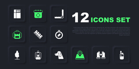 Set Binoculars, Lighter, Hunting cartridge belt, place, Hiking backpack, Camping lantern, Target sport and dog icon. Vector