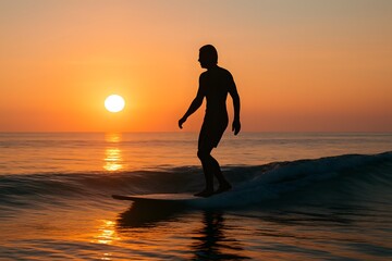 Surfer Silhouetted Against Sunrise on Calm Ocean