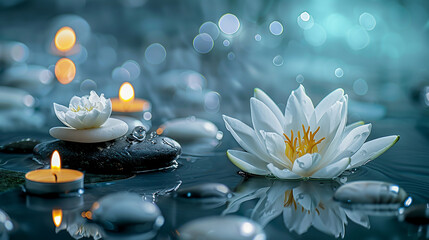 Zen Stones, Lotus Flower, and Candles: Relaxation & Wellness.