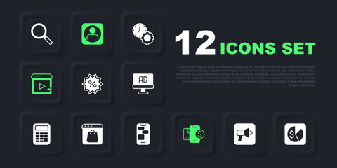 Set Megaphone, Market analysis, Discount percent tag, Mobile with dollar, Video advertising, Online shopping screen, Create account and 24 hours support icon. Vector