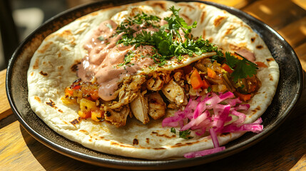 food, meal, chicken, wrap, bread, meat, plate, pancake, breakfast, tortilla, snack, dinner, lunch, cheese, fresh, tasty, crepe, sandwich, white, healthy, delicious, gourmet, dish, burrito, salad