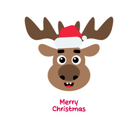 Funny cartoon reindeer face with Santa hat and 
