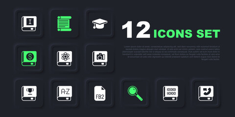 Set Books about programming, Phone book, physics, Magnifying glass, Financial, Translator, Decree, parchment, scroll and FB2 File icon. Vector