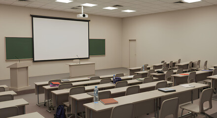 Blank, empty classroom projector screen mockup, 3d rendering, isolated university lecture setup, education marketing, LMS platforms and academic branding template.