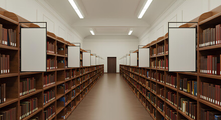 Blank, empty library signage board mockup, 3d rendering, isolated public reading aisle, education, publishing, school districts and reading awareness template.