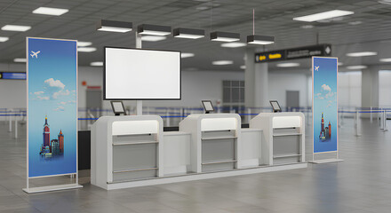 Blank, empty airport lounge screens mockup, 3d rendering, isolated travel signage scene, travel, airline, and digital signage mockup template.