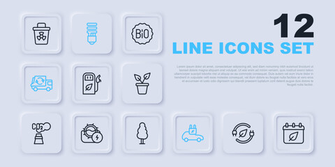 Set line Electric saving plug in leaf, Calendar with autumn leaves, Petrol or gas station, car, Garbage truck, Water mill, LED light bulb and Tree icon. Vector