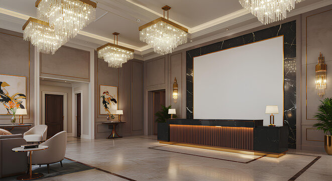 Blank, empty hotel reception signage mockup, 3d rendering, isolated luxury lobby scene, hotel chains, architecture firms, tourism branding template.