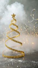 Sparkling golden christmas tree spiral decorated with festive glitter and star