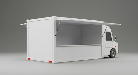 Blank, empty pop-up shop container, 3d rendering, isolated open stall mockup in urban setting mockup template.