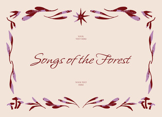 Mushrooms, leaves and floral shapes forming decorative symmetrical forest border with textured hand drawn style. Illustration for frames, cards, posters, banners, advertising. Vector illustration.