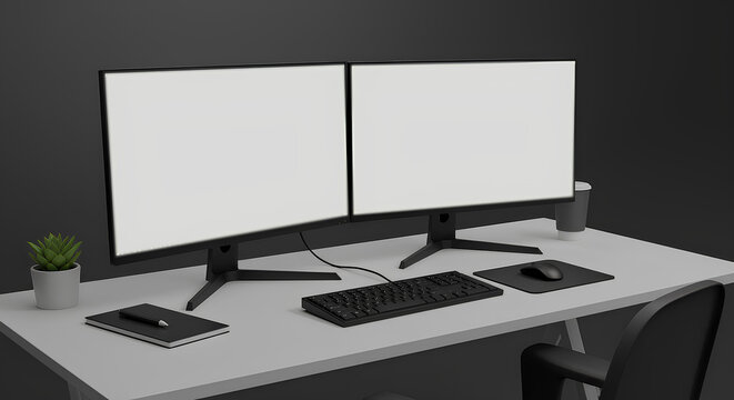 Blank, empty dual monitor setup mockup isolated, 3d rendering, isolated for workspace mockup or software UI design, remote work, software branding, and multitasking dashboards template.