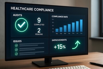 An illuminated monitor displaying real-time health care compliance data and metrics, showcasing a clear and accessible dashboard of information. The scene focuses on data, insights.