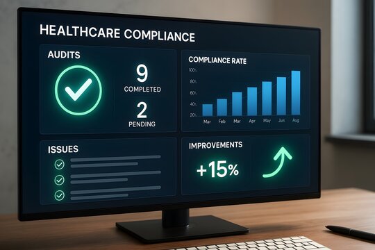 An illuminated monitor displaying real-time health care compliance data and metrics, showcasing a clear and accessible dashboard of information. The scene focuses on data, insights.
