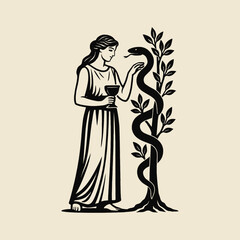 Hygeia with snake and cup engraving style vector illustration