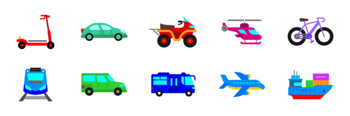 Transport icon set. Car, bus, scooter, bike and truck colored symbols. Transportation vehicles vector illustration. Travel, delivery and logistics concept sign. Cargo and journey colorful pictogram.