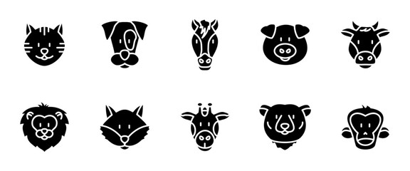 Fototapeta premium Cute cartoon animal faces icon set. Cat, dog, horse, pig and cow domestic pets symbols. Lion, fox, bear and monkey wildlife creatures vector illustration. Forest or zoo animal heads black collection