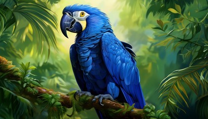 Obraz premium Ein prachtvoller Hyazinth-Ara mit leuchtend blauem Gefieder sitzt auf einem Ast im tropischen Regenwald