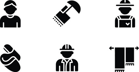 A set of six black filled icons depicting a person, tool, worker, slipper, and towel rack on white