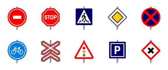 Traffic signs colored icon set. Stop, speed limit, crosswalk and railway crossing post signs. Road safety and regulation vector illustration. Direction, caution and control sign colorful collection