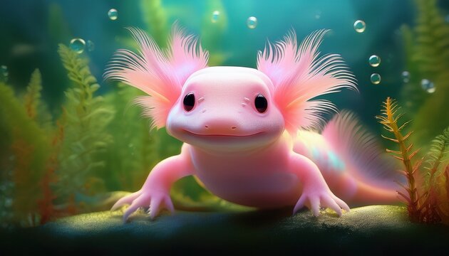 Ein s&uuml;&szlig;er, rosa Axolotl mit federartigen Au&szlig;enkiemen schwimmt in einem klaren Aquarium