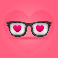 Love Glasses – Flat Vector with Hearts Reflected in Lenses on Pink Background