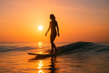 Fototapeta premium Female Surfer Silhouetted Against Sunrise Over Calm Ocean