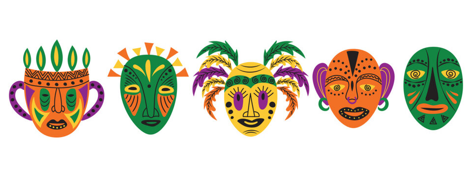 African masks set. Vector illustration of masks in African style, ethnic patterns