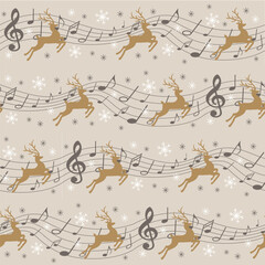 Seamless Christmas Music Notes And Reindeer For Gift Wrap And Fabric Print