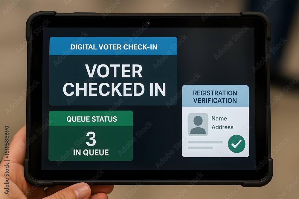 Poster a person holds a tablet displaying a digital voter check-in interface. showcasing the ease and moder