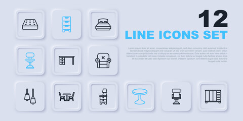 Set line Office chair, Wardrobe, desk, Round table, Table with, Chest of drawers and Furniture nightstand lamp icon. Vector