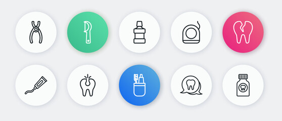 Set line Toothbrush and toothpaste, Broken, Tube of, Dental floss, Mouthwash, Toothache painkiller tablet and icon. Vector