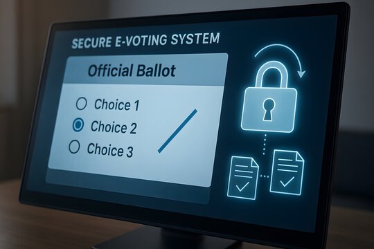 A secure e-voting system interface on a digital screen, showcasing the modern method of casting a ballot and securing the integrity of democratic processes.