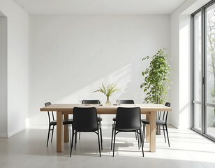 Minimalist dining room with a rectangular light wood table, slim black chairs, hanging vines near a tall window, and white walls reflecting soft natural light.
