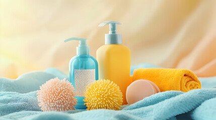 Pastel Beauty Products Display On Light Blue Towel