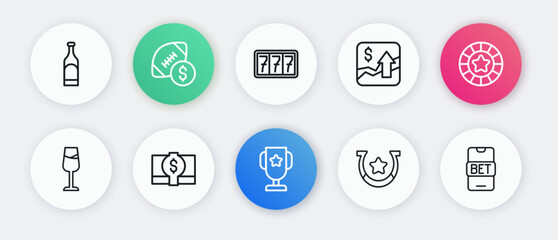 Set line Casino poker trophy cup, chips, Wine glass, Horseshoe, Financial growth increase, Slot machine with jackpot, Online sports betting and Stacks paper money cash icon. Vector