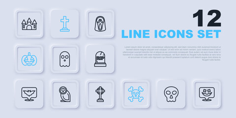 Set line Skull, Happy Halloween holiday, Ghost, on crossbones, Pumpkin, Owl bird, Tombstone with and icon. Vector