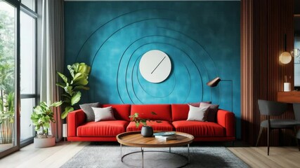 Modern living room with red sofa set, blue arc patterned wall, wooden floor, vibrant and stylish home decor, cozy and contemporary interior design - Powered by Adobe