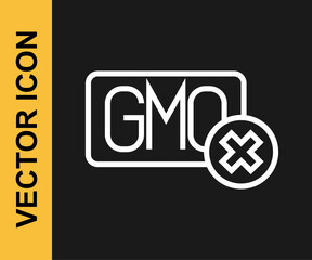 White line No GMO icon isolated on black background. Genetically modified organism acronym. Dna food modification. Vector